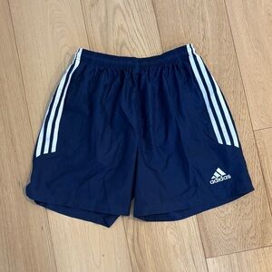 Adidas Men's Navy Blue Athletic Shorts with White Stripes